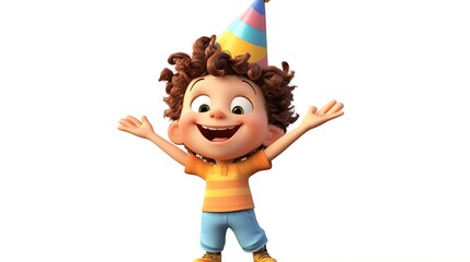 3D cartoon character celebrating with a party hat