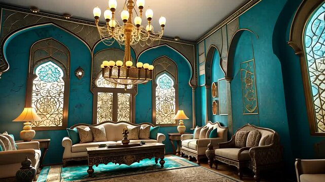 Elegant Middle Eastern Living Room with Ornate Chandeliers, Luxurious Sofas, and Intricate Stained Glass Windows

