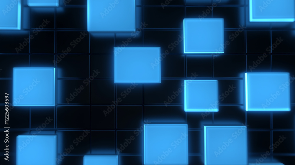 Aufkleber Glowing blue cubes resting on dark grid background creating modern abstract design