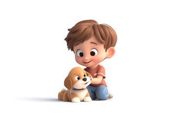 3D cartoon child playing with a puppy isolated