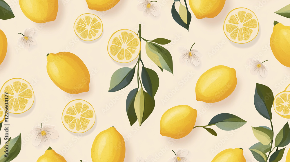 Aufkleber Seamless pattern with lemons, slices and flowers growing on a branch