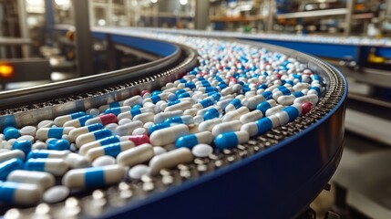 Fototapeta premium Colorful capsules move steadily along a conveyor at a pharmaceutical plant