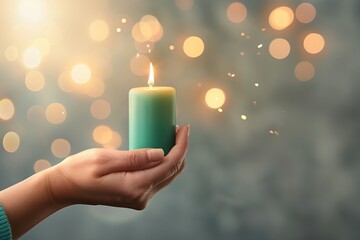 A hand holds a glowing teal candle, surrounded by soft, sparkling bokeh lights, creating a warm and tranquil ambiance.