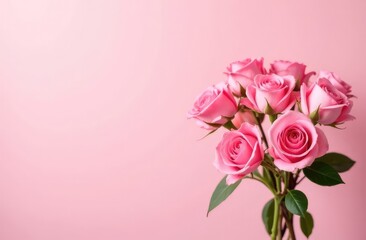 Beautiful bouquet of pink Rose flowers on a pink pastel background. Place for text.