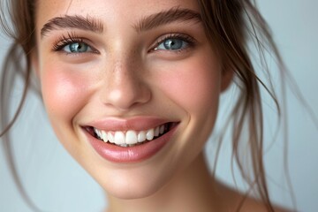 Close-up of a young woman with clear skin and perfect teeth smiling