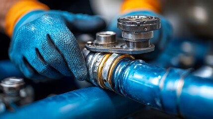 A technician is repairing blue piping with precision and care using tools
