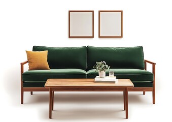 White-walled Scandinavian living room with a green velvet sofa and wooden coffee table