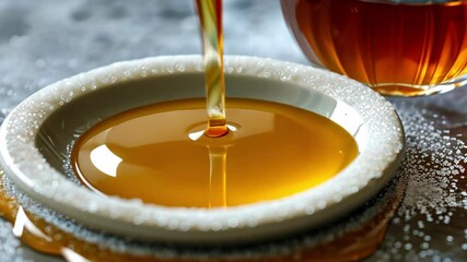 Close up of honey being poured onto a dish, highlights glossy texture and richness, suggests culinary indulgence and sophistication