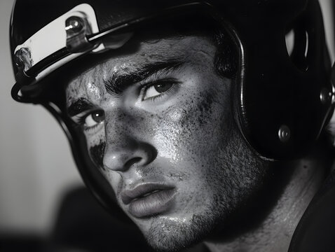 A player sitting on the bench with his helmet off, sweat dripping down his face as he watches the game intently.


 - Powered by Adobe