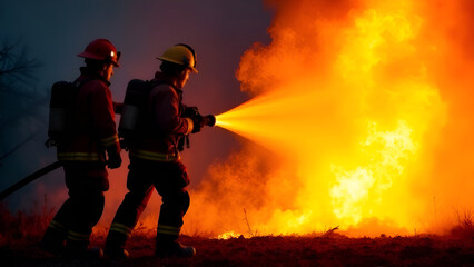 Two courageous firefighters are actively spraying water onto a raging fire to control the flames and prevent further damage to the area