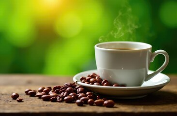 Hot coffee cup with fresh organic coffee beans and the roasted coffee beans on the wooden table and the plantations background 