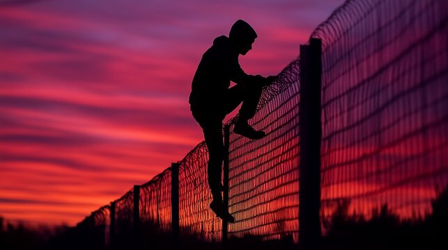 Silhouette of a person climbing a fence at sunset, symbolizing border crossing 