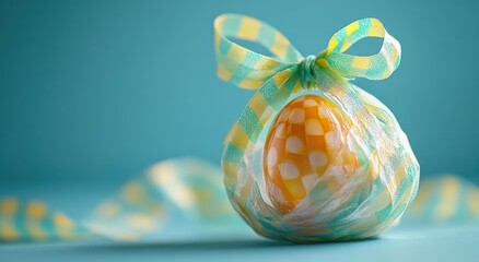 Colorful Easter Egg Wrapped in Transparent Film with Vibrant Ribbon Decoration on a Soft Blue Background