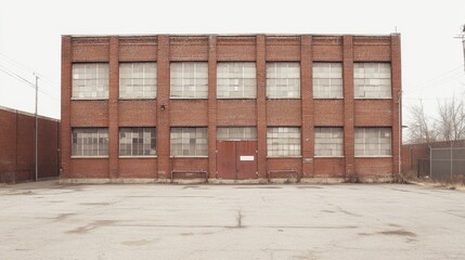 Old brick factory building with many windows and a large door, in an empty lot.