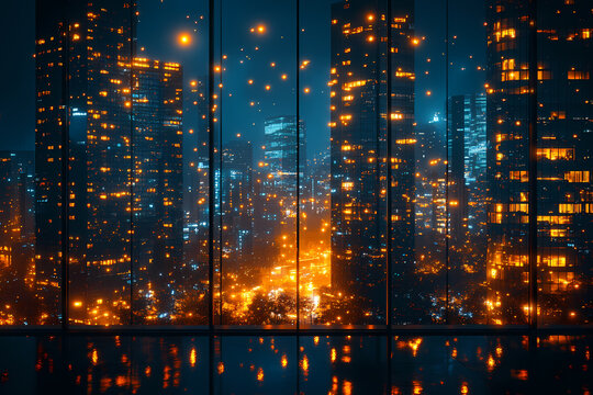 A modern illuminated building at night with glowing glass windows, showcasing architectural elegance and urban vibrancy