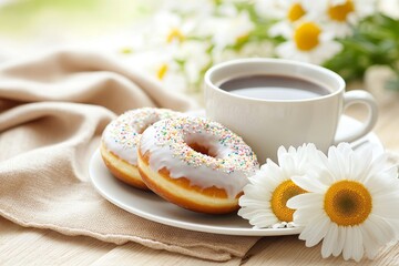 Día de San Valentín con deliciosos donuts veganos decorados y café en una mesa acogedora