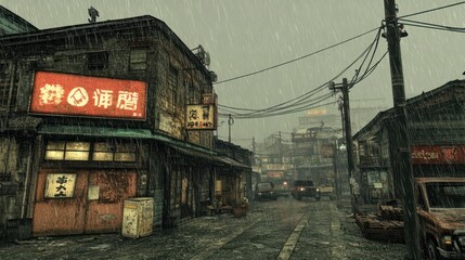 Obraz premium Rain Soaked Asian Alleyway Shops And Vehicles