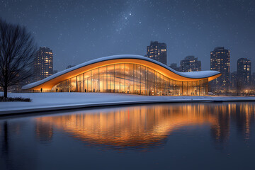 Obraz premium A modern illuminated building glowing at night, showcasing sleek glass architecture and vibrant lights, creating a captivating urban scene