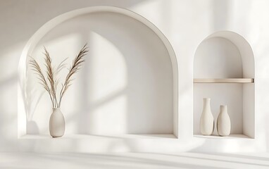 White wall backdrop with minimalist shelves and an elegant arch, modern home decor with neutral color palette and simple design elements