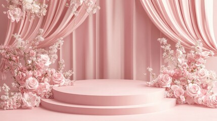 Pink Rose Floral Stage Backdrop with Draped Curtains