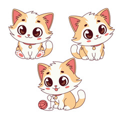 Cute kawaii kittens, little cats characters, set of cartoon style kids vector illustrations