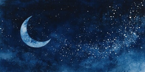 Crescent Moon Night Sky Watercolor Painting