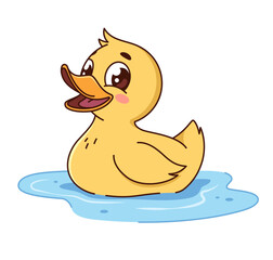 Little duckling, cartoon style duck character swimming in water, kids vector illustration