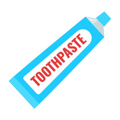 Blue tube displays red toothpaste label. Suitable for dental hygiene product advertisements and oral care promotional materials. Ideal for oral health campaigns.