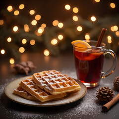 Mulled wine with a cinnamon stick and waffles with a icing sugar coat in a winter ambience - AI generated
