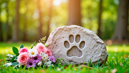 Small pet memorial stone with a paw print surrounded by flowers in a tranquil garden setting