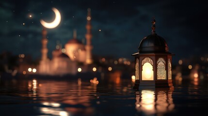 Fototapeta premium Ramadan Lantern Floating on Water at Night with Mosque