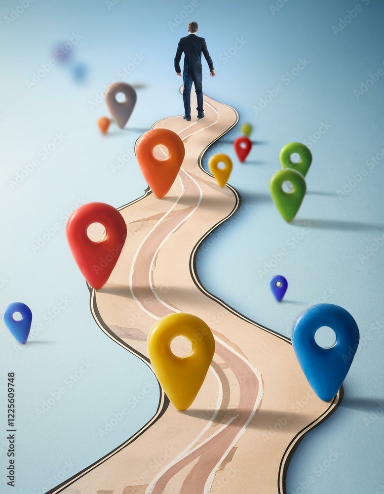 Wall mural abstract representation of customer journey concept with colorful location markers on a winding path