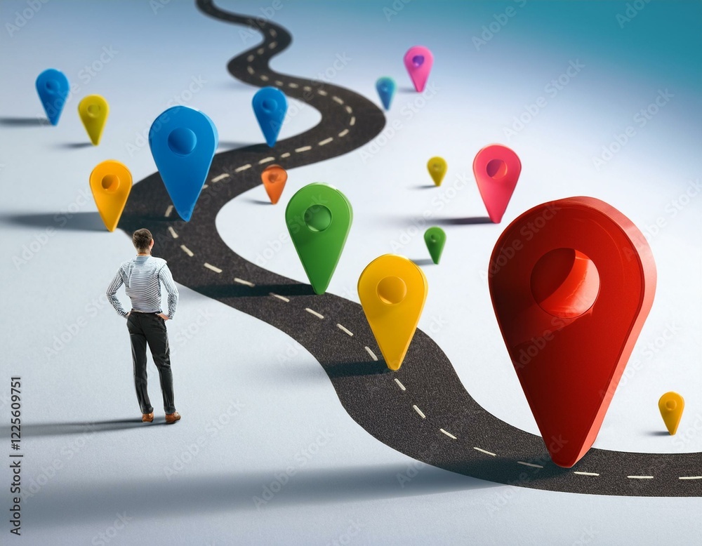 Wall mural abstract representation of customer journey concept with colorful location markers on a winding path