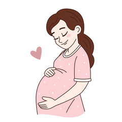 Pregnant young woman, girl in a robe embraces her belly. Simple cute cartoon comic illustration, vector drawing
