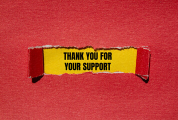 Thank you for your support message written on ripped torn red paper with yellow background....