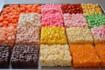 A tray of Rice Krispies treats cut into squares with candy toppings