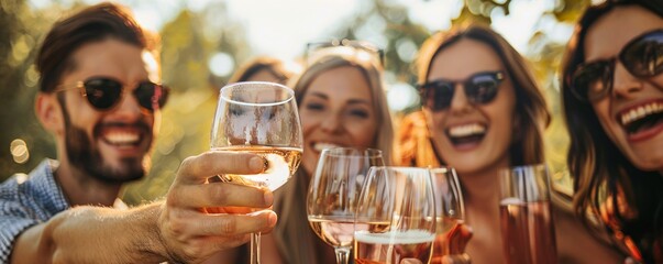 Group of friends having fun, laughing and drinking wine at a vineyard lunch on a sunny day