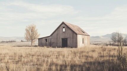 Obraz premium Rustic wooden barn in autumnal field, mountains in background.