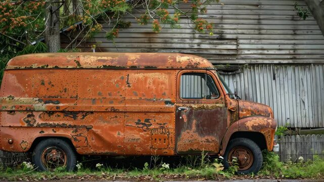 An old, rusty orange delivery truck stands abandoned beside a dilapidated wooden structure, overtaken by nature along a quiet road, evoking nostalgia for a bygone era.
