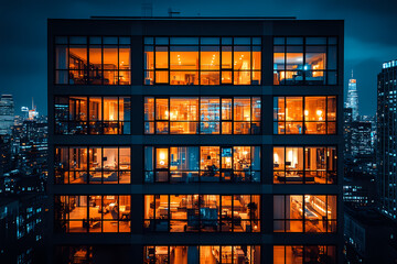 A modern illuminated building at night, glowing with vibrant glass windows, creating a captivating cityscape scene