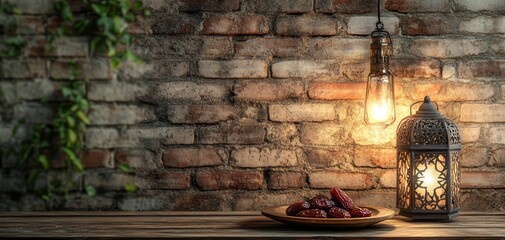 Cozy and Warm Ambiance with Brick Wall, Decorative Lantern, and Plate of Dried Fruits Evoking Comfort and Relaxation in a Rustic Setting