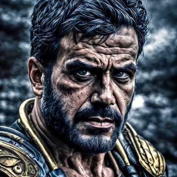 This portrait captures a seasoned warrior's essence, his weathered face and piercing eyes reflecting pain and determination. Adorned in tarnished gold armour, it evokes resilience and sacrifice.