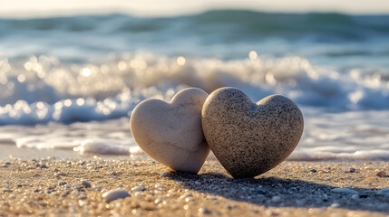 Fototapeta premium Two heart-shaped stones on the beach are washed by the sea wave. Close-up, selective focus. Romantic image for Valentine's Day. Summer, vacation, romance