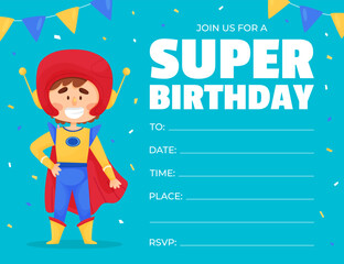 Happy Kid Superhero Wearing Colorful Costume Birthday Party Invitation Vector Illustration