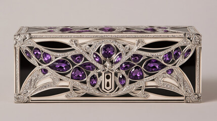 A luxurious chest designed with amethyst-purple gemstones and platinum embellishments, centered on a pale beige background