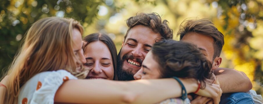 Group of young adults is sharing a warm embrace outdoors, enjoying their friendship and the beautiful day - Powered by Adobe