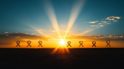 A sunrise where the rays form silhouettes of cancer ribbons, symbolizing a new dawn of awareness and progress, with warm yellows and oranges blending softly into the horizon