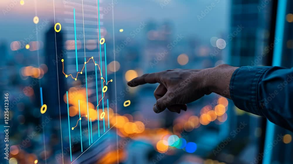 Poster a person is gesturing towards a digital display with glowing graphs and data points while overlookin