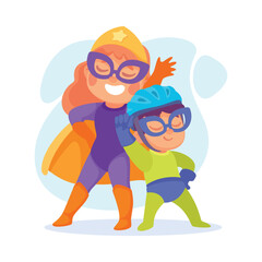 Happy Mom and Boy Superhero Wearing Colorful Costume Vector Illustration