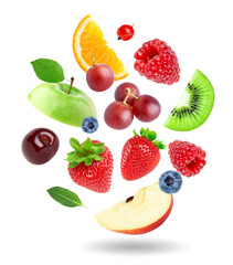 Fresh fruits isolated on transparent background. PNG format. Fruits falling